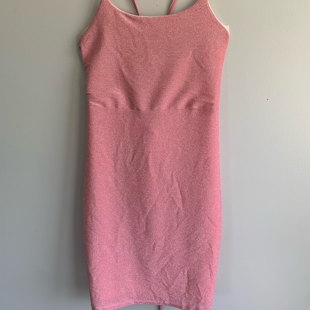 Pink Shimmer Criss Cross Back Dress